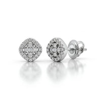 1/6CTW Clover Diamond Earrings in 10k Gold with cushion-shaped halos and round diamond clusters, set in white gold with screw-back posts, shown on a reflective white surface.