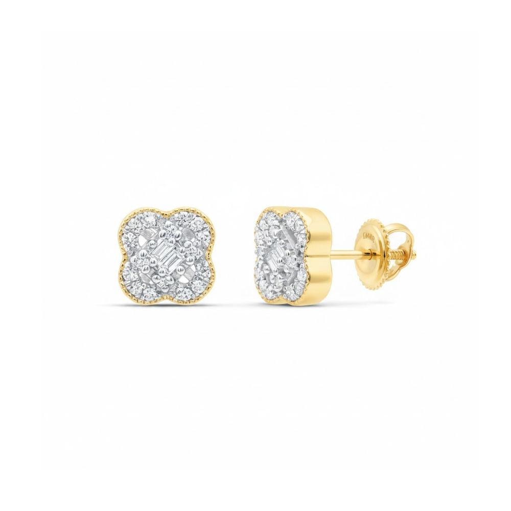 The 1/10CT Diamond Clover Baguette Earrings in 10k gold feature a clover-shaped design with natural diamonds at the center, a diamond-studded border, and secure screw-back posts.
