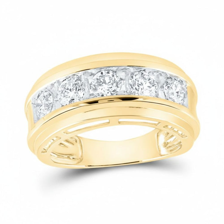 The 14k Gold 5-Stone Diamond Wedding Band – 2 Cttw showcases a wide band with five round diamonds set in a horizontal channel across the center.