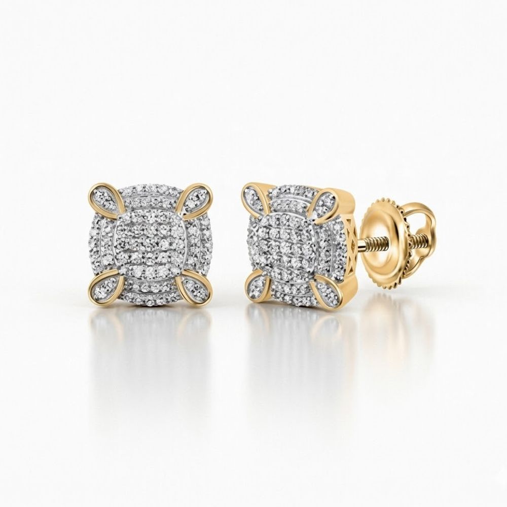 The 10k Gold Cushion Men’s Diamond Earring 5/8 CTTW features cushion-shaped tops with multiple rows of sparkling diamonds and a secure screw-back closure.