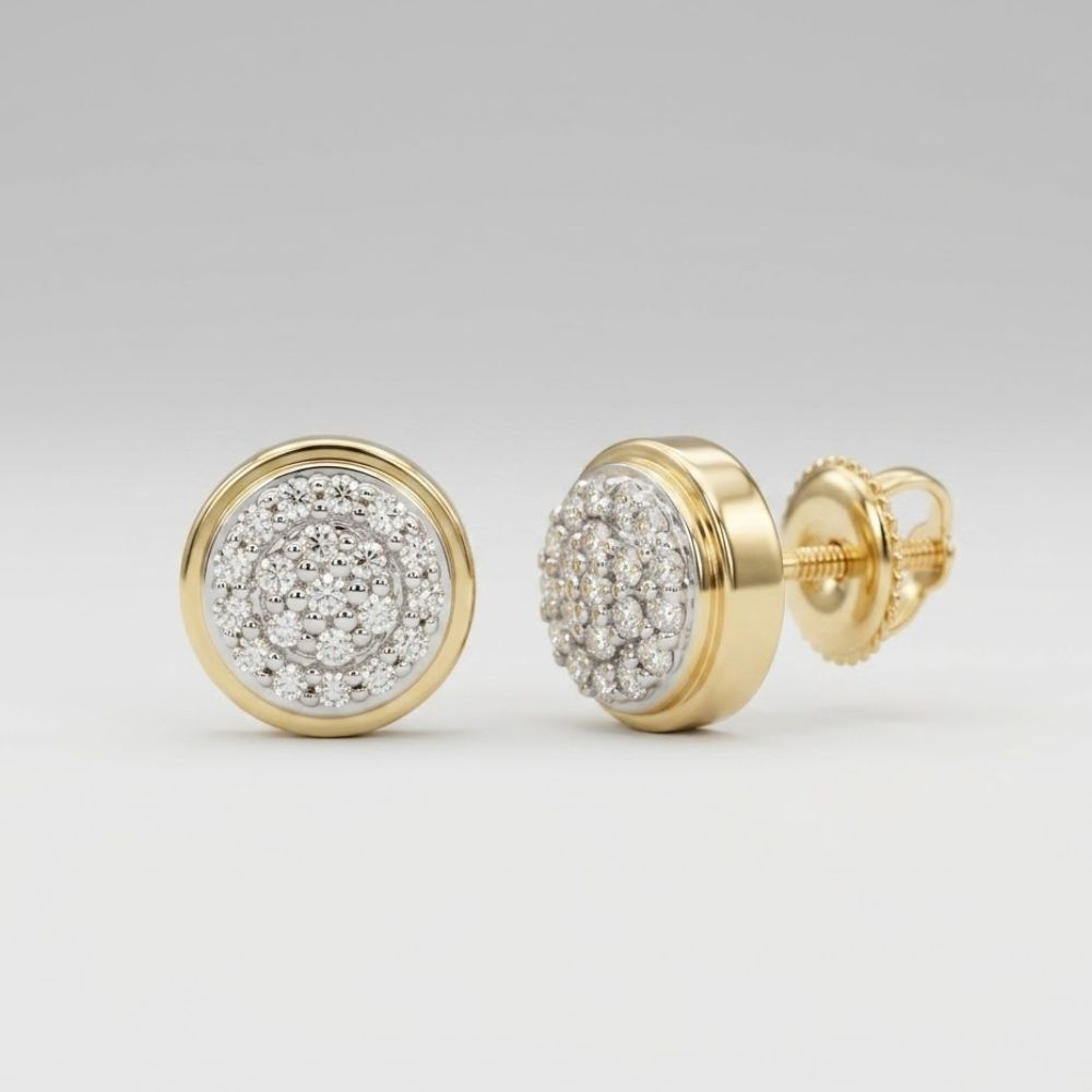 The 1/10CTW Natural Diamond Round Gift Earrings in 10K gold feature a screw-back design and have multiple small natural diamonds clustered at the center of each round stud.
