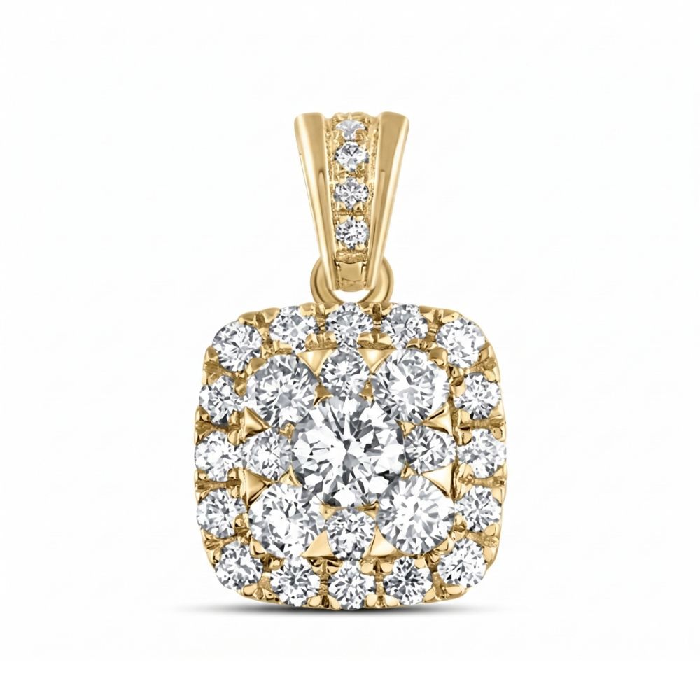 The 14K Gold Cushion Diamond Pendant (7/8 Cttw) features a square cluster of sparkling white diamonds with a prominent center stone, surrounded by smaller diamonds and extra accents on the bail for added brilliance.