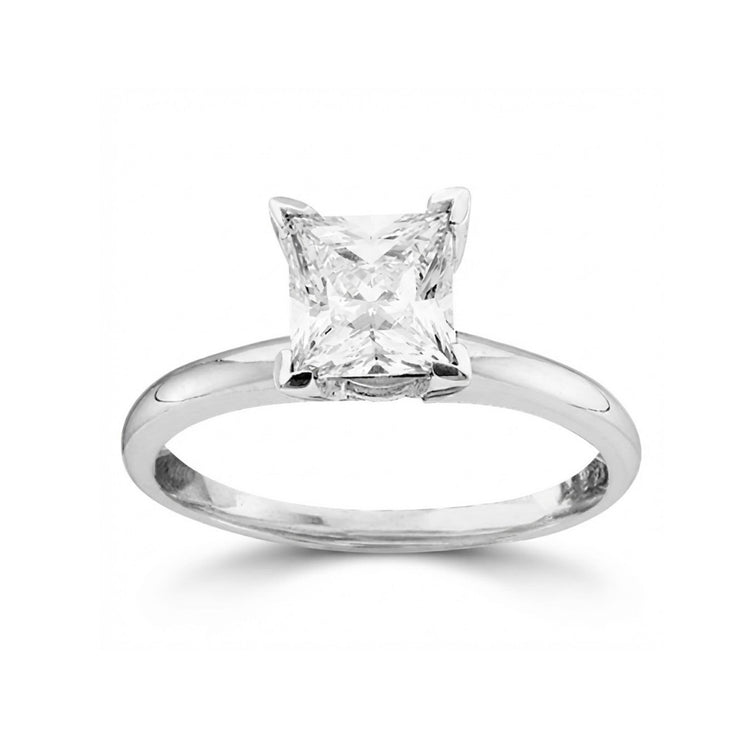 The 14k White Gold Princess Diamond Bridal Ring 3/4 Cttw showcases a striking princess-cut diamond solitaire in a four-prong setting, elegantly displayed on a plain white background.
