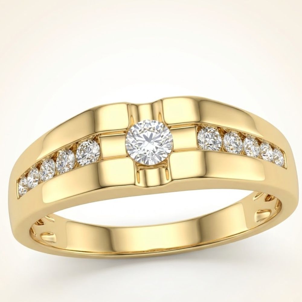 The 10K Gold Round Diamond Solitaire Band Ring 1/2 Cttw features a central round diamond solitaire with three accent diamonds on each side, set in a modern geometric design with a polished finish.