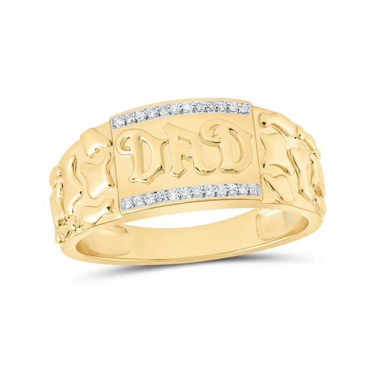 The 10k Gold Dad Men's Ring with Natural Diamonds features "DAD" engraved on a rectangular face, bordered by two rows of white diamonds and an ornate band—a classic men's ring.