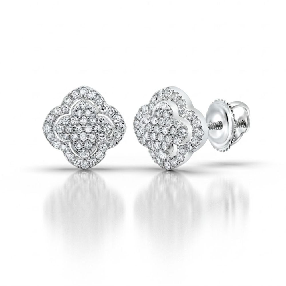 A pair of 1/5 CTTW diamond clover earrings in 10K yellow and white gold with a cluster design and screw-back closures, displayed on a white background.