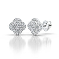 A pair of 1/5 CTTW diamond clover earrings in 10K yellow and white gold with a cluster design and screw-back closures, displayed on a white background.