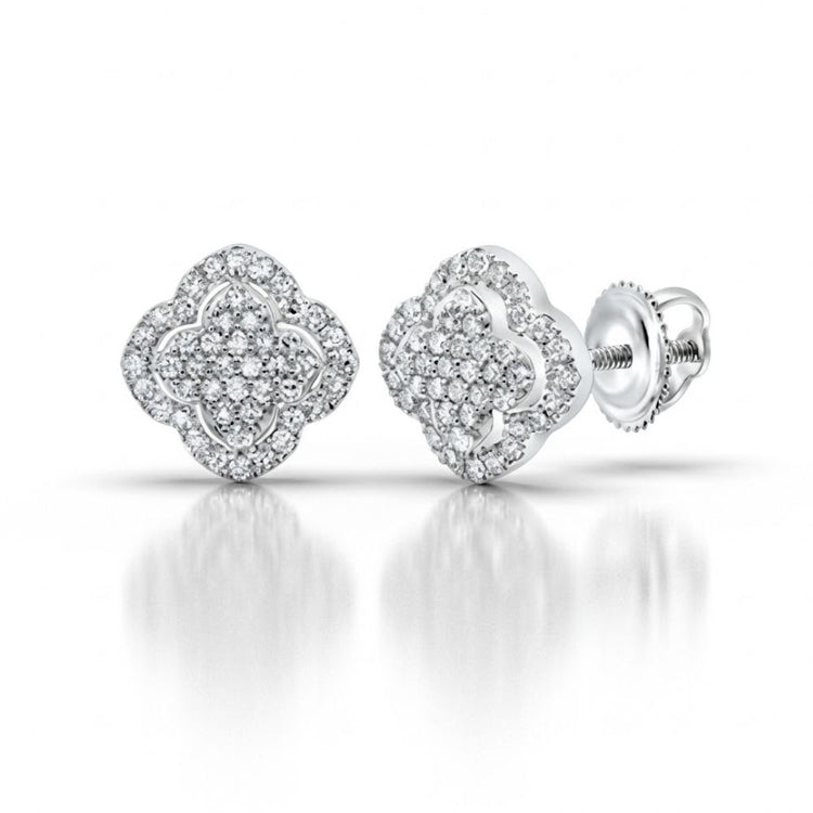 A pair of 1/5 CTTW diamond clover earrings in 10K yellow and white gold with a cluster design and screw-back closures, displayed on a white background.