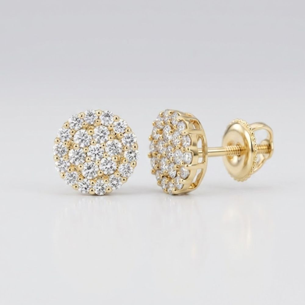 10k Gold Round Diamond Cluster Earrings 1-7/8 Cttw are shown on a white background, with one earring upright and the other displaying its side profile and screw-back clasp.
