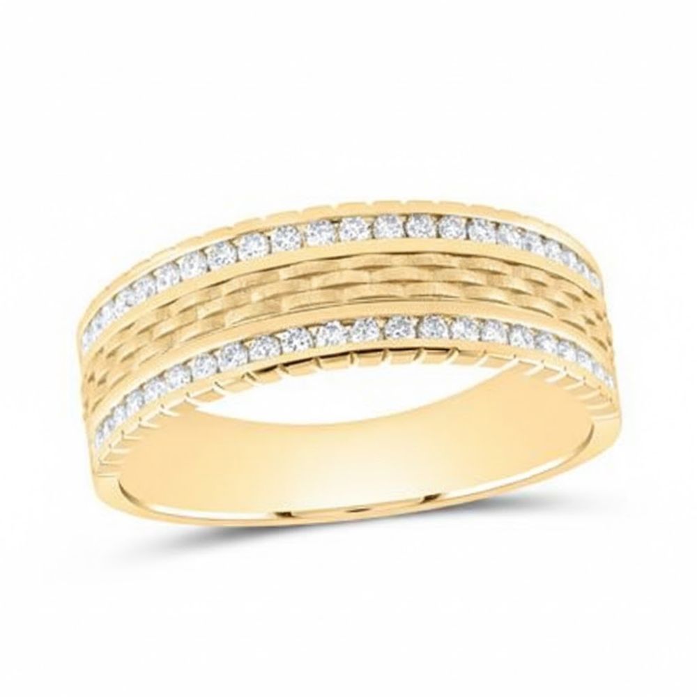 The 14k Yellow Gold Diamond Wedding Band Ring 1/2 Cttw features two parallel rows of small diamonds separated by textured gold bands, with a polished interior and crafted from 14k yellow gold.