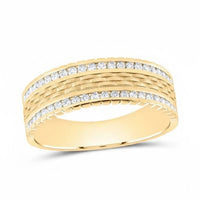 The 14k Yellow Gold Diamond Wedding Band Ring 1/2 Cttw features two parallel rows of small diamonds separated by textured gold bands, with a polished interior and crafted from 14k yellow gold.