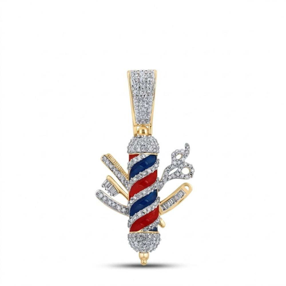 The Barber Pole Diamond Charm 7/8CT 10K Gold features a yellow gold pole with red, white, and blue stripes, encrusted with diamonds and accented with scissors, comb, and razor for a stylish nod to barbering.