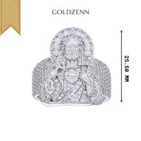 The Baguette 2.1ct Moissanite Jesus Religious Ring features a detailed Christ design with sparkling moissanite stones, measures 25.50 mm high, and has the word GOLDZENN displayed above it.