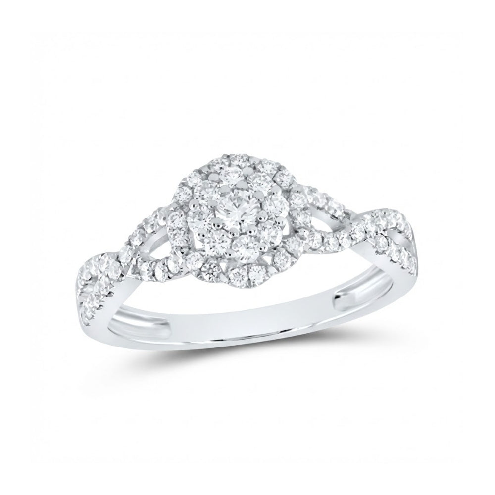 The 1/2 CTW Diamond Flower Bridal Ring in 14K gold features a central cluster of round diamonds resembling a flower, accented by additional diamonds on a split shank band with an intricate, twisting design.