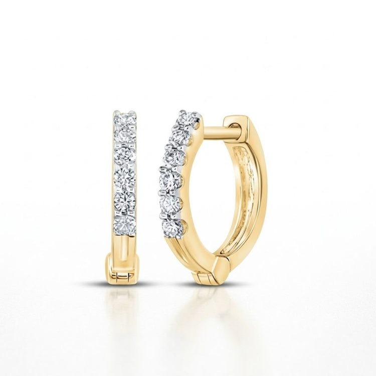 10k Gold Round Diamond Hoop Earrings featuring a row of sparkling white diamonds along the front, showcased on a white background.