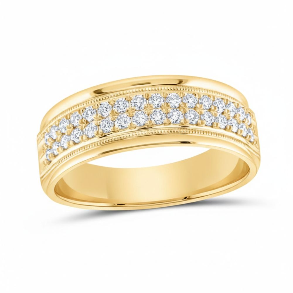 The 10k Gold Round Diamond Machine-Set Wedding Band 1/2 Ctw features two rows of sparkling, machine-set diamonds across the center, framed by smooth gold edges and a polished, slightly raised band.