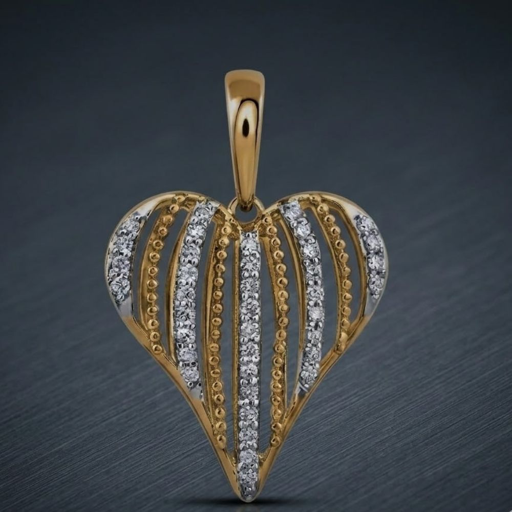 The 1/5 CTW Natural Diamond Heart Pendant in 10K gold features vertical rows of sparkling diamonds and gold beaded accents, creating a striking look against a dark, textured backdrop.