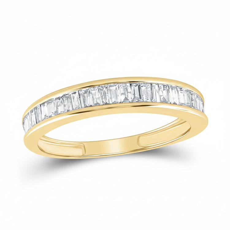 The 10k Yellow Gold Baguette Diamond Wedding Band 1/2 Cttw features a sleek row of rectangular baguette diamonds set closely together along the top for a modern look, shown on a white background.