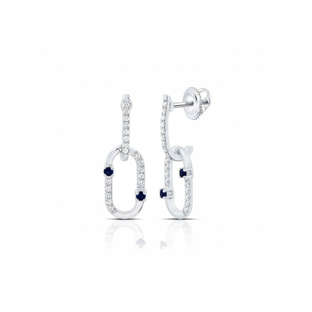 1/6CTW Diamond Paper Clip Earrings in 14k gold feature a sleek linked oval design, sparkling small diamonds, deep blue gem accents, and secure post with screw-back closures.
