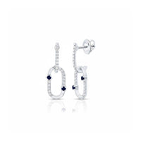 1/6CTW Diamond Paper Clip Earrings in 14k gold feature a sleek linked oval design, sparkling small diamonds, deep blue gem accents, and secure post with screw-back closures.