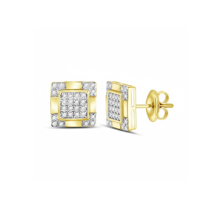 The 10K Gold Diamond Square Cluster Studs 1/6 Cttw feature a central diamond cluster with border stones, a shiny finish, and secure screw-back posts for added elegance and security.