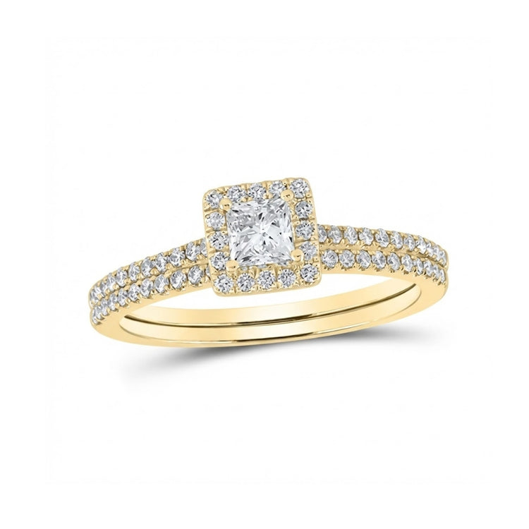 The 14k Gold Princess Diamond Square Halo Wedding Ring Set features a square center diamond, a sparkling halo of smaller diamonds, and double diamond-studded bands in an elegant bridal set design.