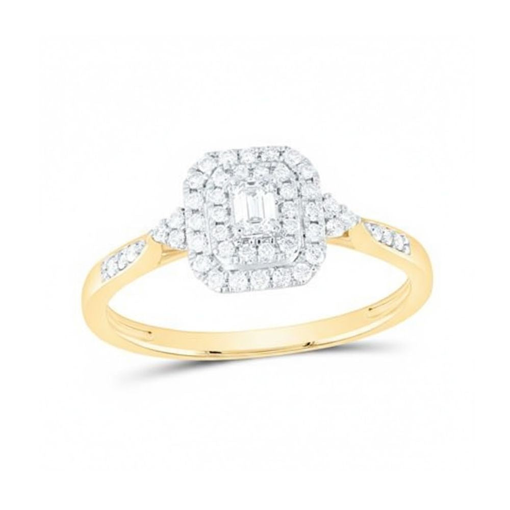 The 1/3CTW Diamond Emerald Double Halo Engagement Ring in 14k gold showcases a rectangular cluster of natural diamonds at the center, framed by a double halo and additional diamonds on its split shank band.