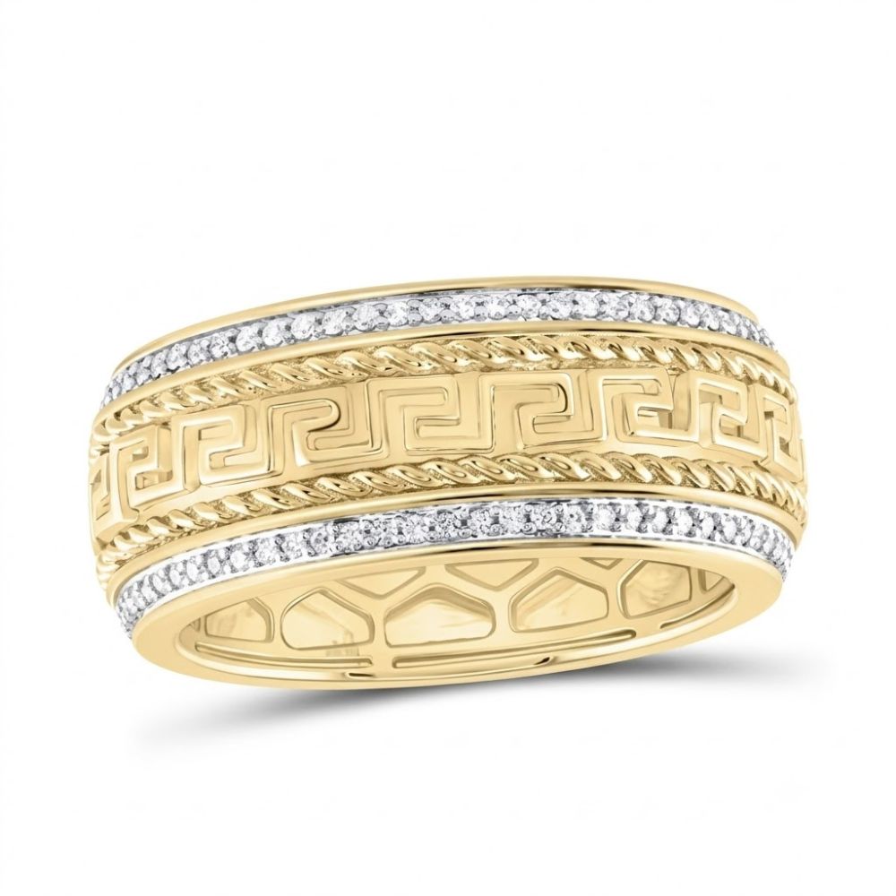 The 1/2CTW Natural Diamond Mens Band 14K Gold Ring features a Greek key pattern, twisted rope borders, and two rows of sparkling white diamonds for a refined, masculine look.