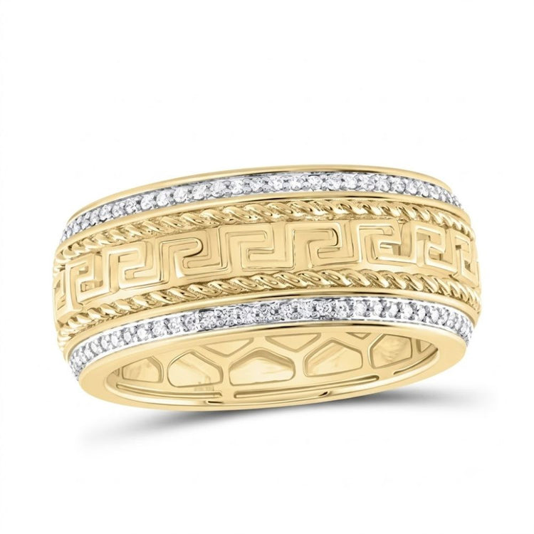 The 1/2CTW Natural Diamond Mens Band 14K Gold Ring features a Greek key pattern, twisted rope borders, and two rows of sparkling white diamonds for a refined, masculine look.