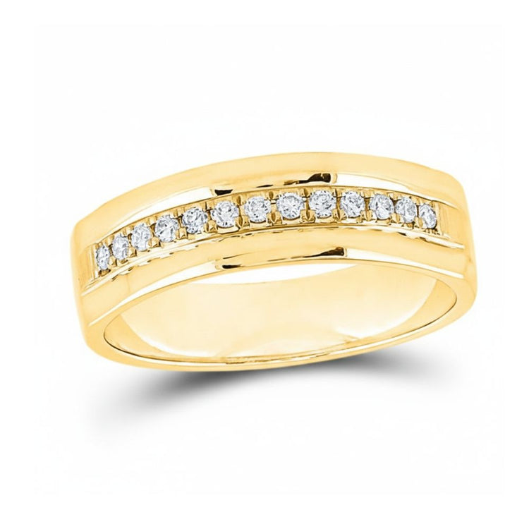 The 14k Gold Single Row Diamond Wedding Band – 1/5 Cttw features channel-set round diamonds across the top, displayed against a white background.