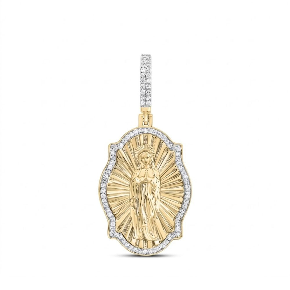 The Diamond Virgin Prayer Charm 3/8CT 10K Gold features a detailed Virgin Mary with radiant beams, framed by a scalloped, diamond-studded border—a stunning choice for men's religious jewelry or natural diamond pendants.