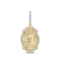 The Diamond Virgin Prayer Charm 3/8CT 10K Gold features a detailed Virgin Mary with radiant beams, framed by a scalloped, diamond-studded border—a stunning choice for men's religious jewelry or natural diamond pendants.