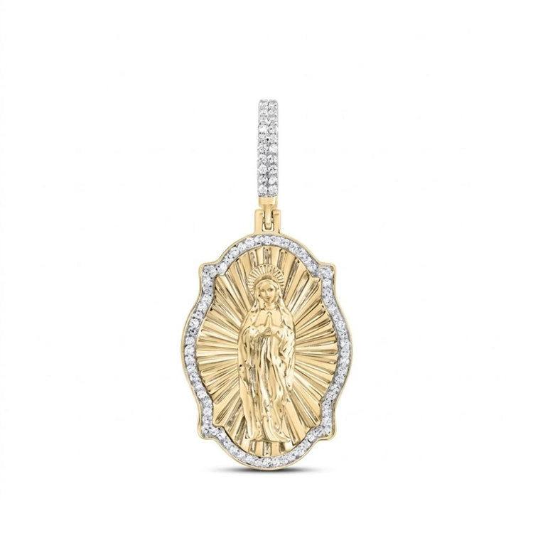 The Diamond Virgin Prayer Charm 3/8CT 10K Gold features a detailed Virgin Mary with radiant beams, framed by a scalloped, diamond-studded border—a stunning choice for men's religious jewelry or natural diamond pendants.