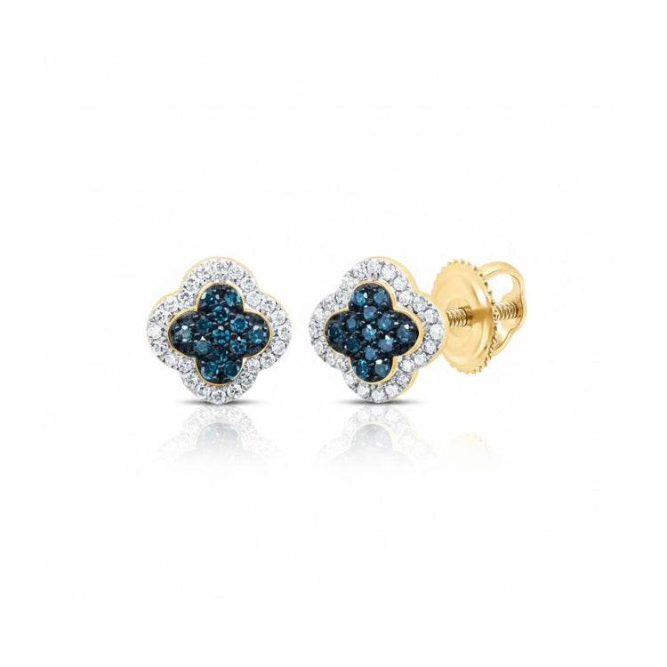 1/5CTW blue diamond clover earrings in 10k gold feature clover-shaped studs with blue and white gemstones in a floral design and secure screw-back closures.