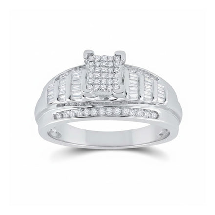 The Sterling Silver Diamond Cluster Bridal Engagement Ring showcases a rectangular diamond cluster center, baguette-cut side diamonds, and extra small diamonds along the band for added sparkle.