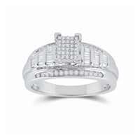The Sterling Silver Diamond Cluster Bridal Engagement Ring showcases a rectangular diamond cluster center, baguette-cut side diamonds, and extra small diamonds along the band for added sparkle.