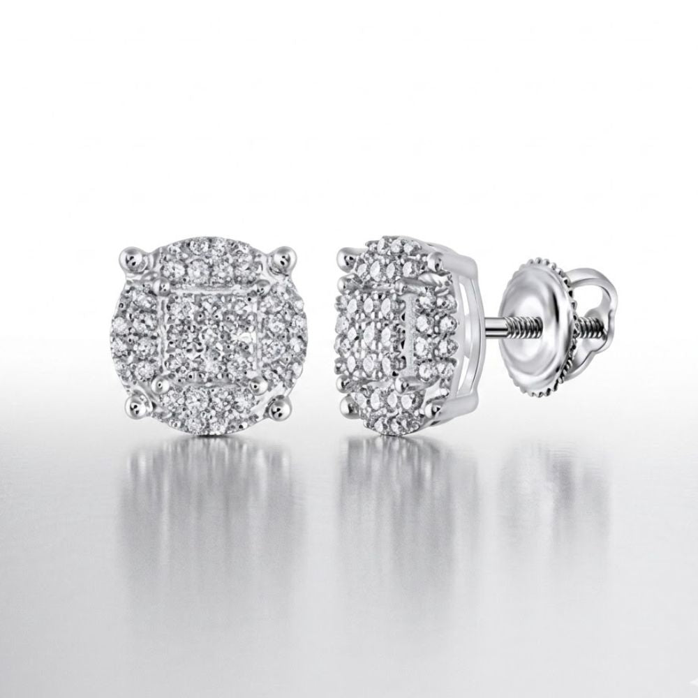 Sterling Silver Diamond Circle Earrings 1/4 cttw feature round diamond accents in a square and halo pattern with secure screw-back posts, creating a timeless sparkle for any look.