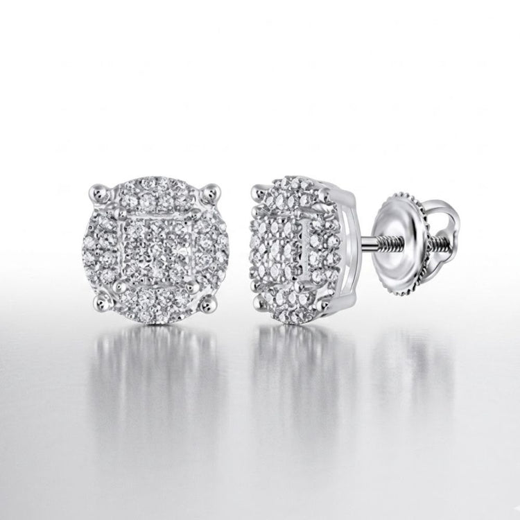 Sterling Silver Diamond Circle Earrings 1/4 cttw feature round diamond accents in a square and halo pattern with secure screw-back posts, creating a timeless sparkle for any look.