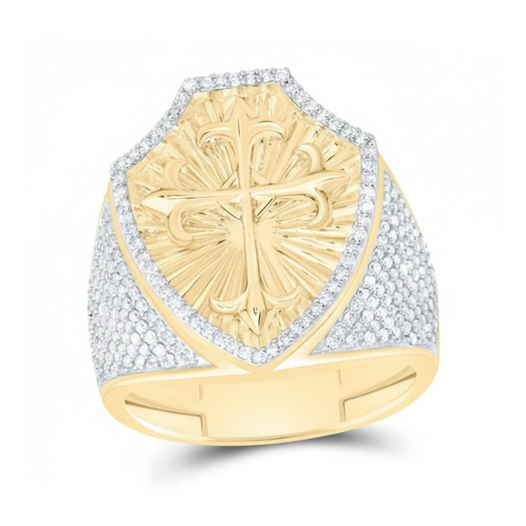 The 10k Gold 7/8 CTTW Diamond Cross Men’s Ring features a shield-shaped face with a raised cross and sparkling white diamonds bordering the wide yellow gold band.