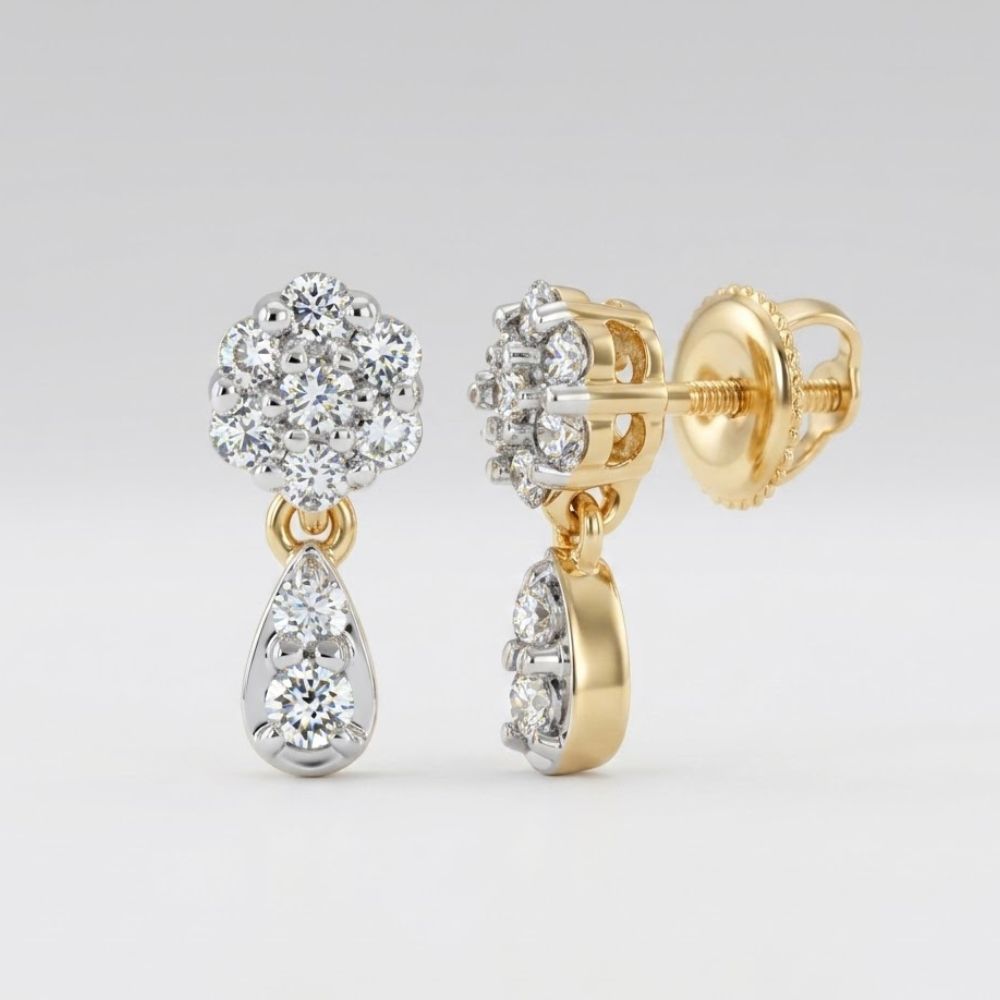 The 10k Gold Diamond Cluster Dangle Earrings 1/4 Cttw feature a round diamond cluster at the top and a dangling teardrop-shaped diamond cluster, shown on a light background.