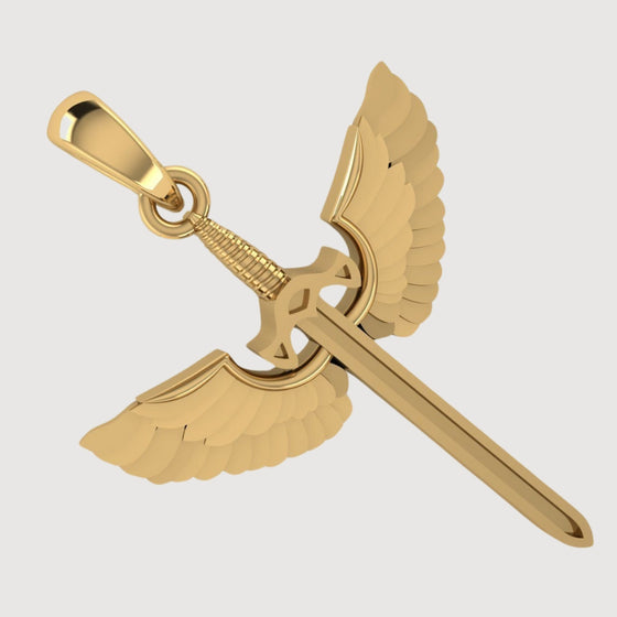 14k Gold Winged Sword PendantCelebrate strength with the 14K Gold Winged Sword Pendant. Features a radiant 14K gold sword design with intricate wings for a powerful and sophisticated look.