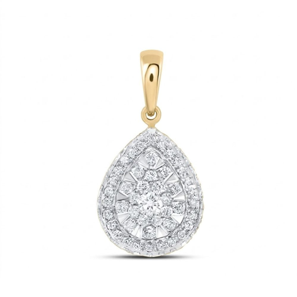 The 14K Gold 1/2 CTW Diamond Pear Pendant features two-tone gold with two rows of natural diamonds in concentric patterns, suspended from a polished gold bail against a plain white background.