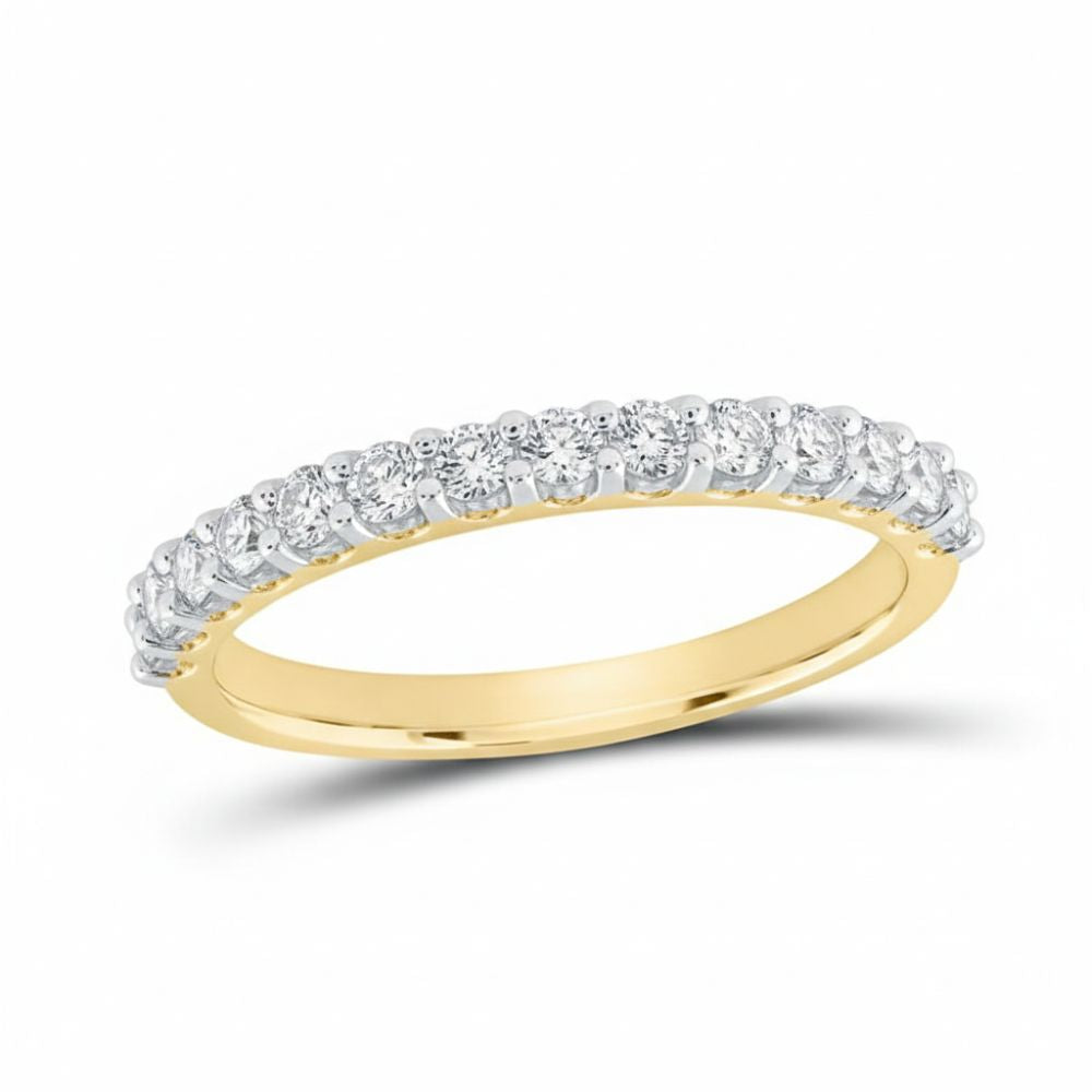 The 14k Gold Diamond Wedding Band 1/2 Cttw features a row of round white diamonds across the top and is displayed on a white background.