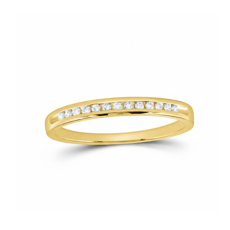 The 14k Gold Diamond Wedding Band 1/10 Cttw features a slim band with a single row of sparkling white diamonds adorning the top half, shown against a plain white background.