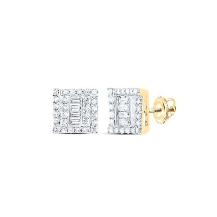 The 10K Gold Diamond Square Earrings 1/2 CTTW feature a geometric square design with baguette and round diamonds, set in 10K yellow gold and finished with secure gold backings.