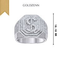 The Moissanite Octagon Head Dollar Sign Currency Ring features a sterling silver band with small stones forming a dollar sign on the front, measuring 18-10 mm, and displays "Goldzenn" above the ring.