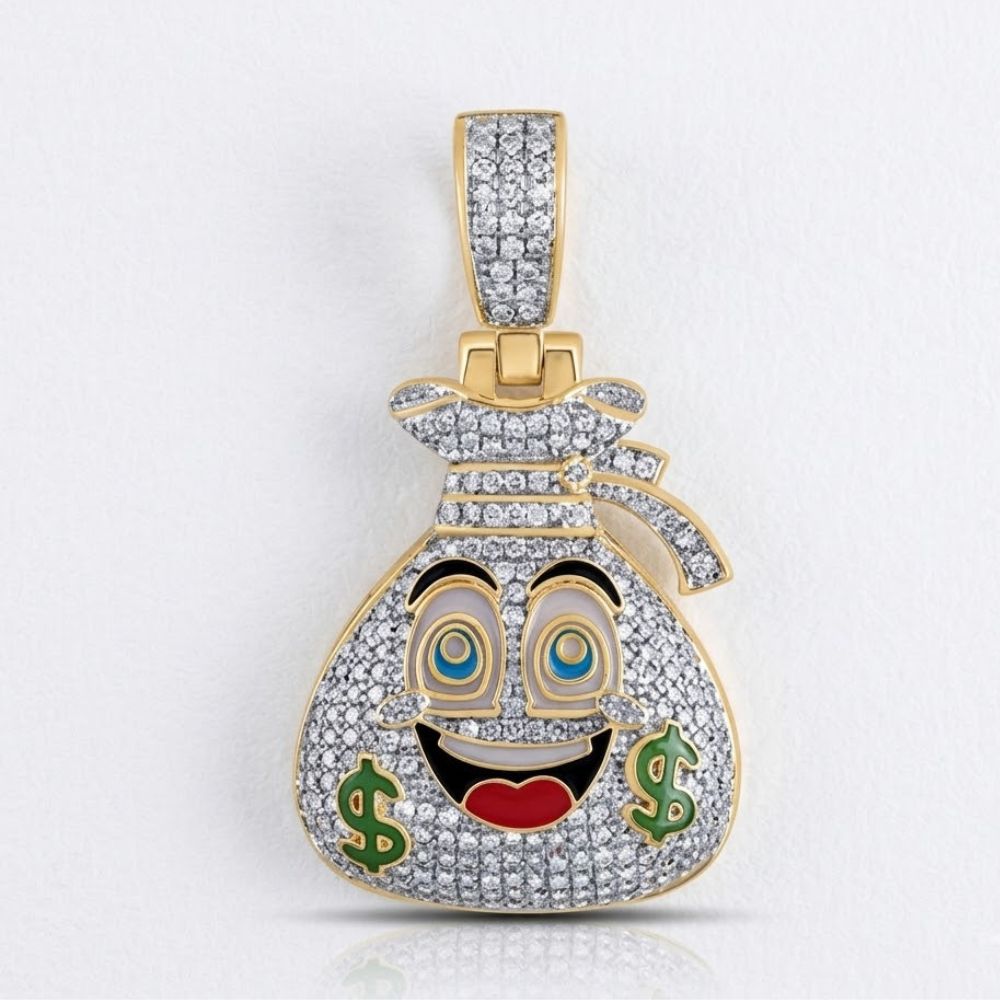 The 10K Gold Diamond Money Bag Men’s Charm 1/2CTW features a smiling face, green dollar sign cheeks, vibrant eyes, and natural diamonds set in yellow gold, displayed against a plain white background.