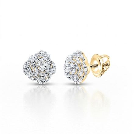 The 1/5CTW Natural Diamond Rose Earrings in 10K gold feature a floral design with sparkling natural diamonds, displayed against a plain white background.
