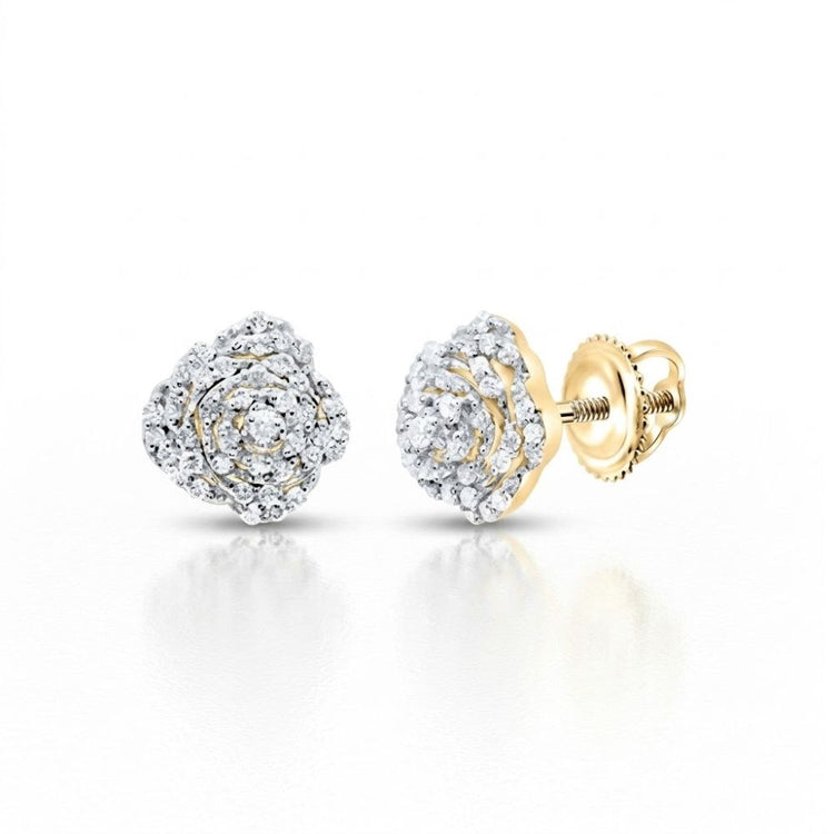 The 1/5CTW Natural Diamond Rose Earrings in 10K gold feature a floral design with sparkling natural diamonds, displayed against a plain white background.