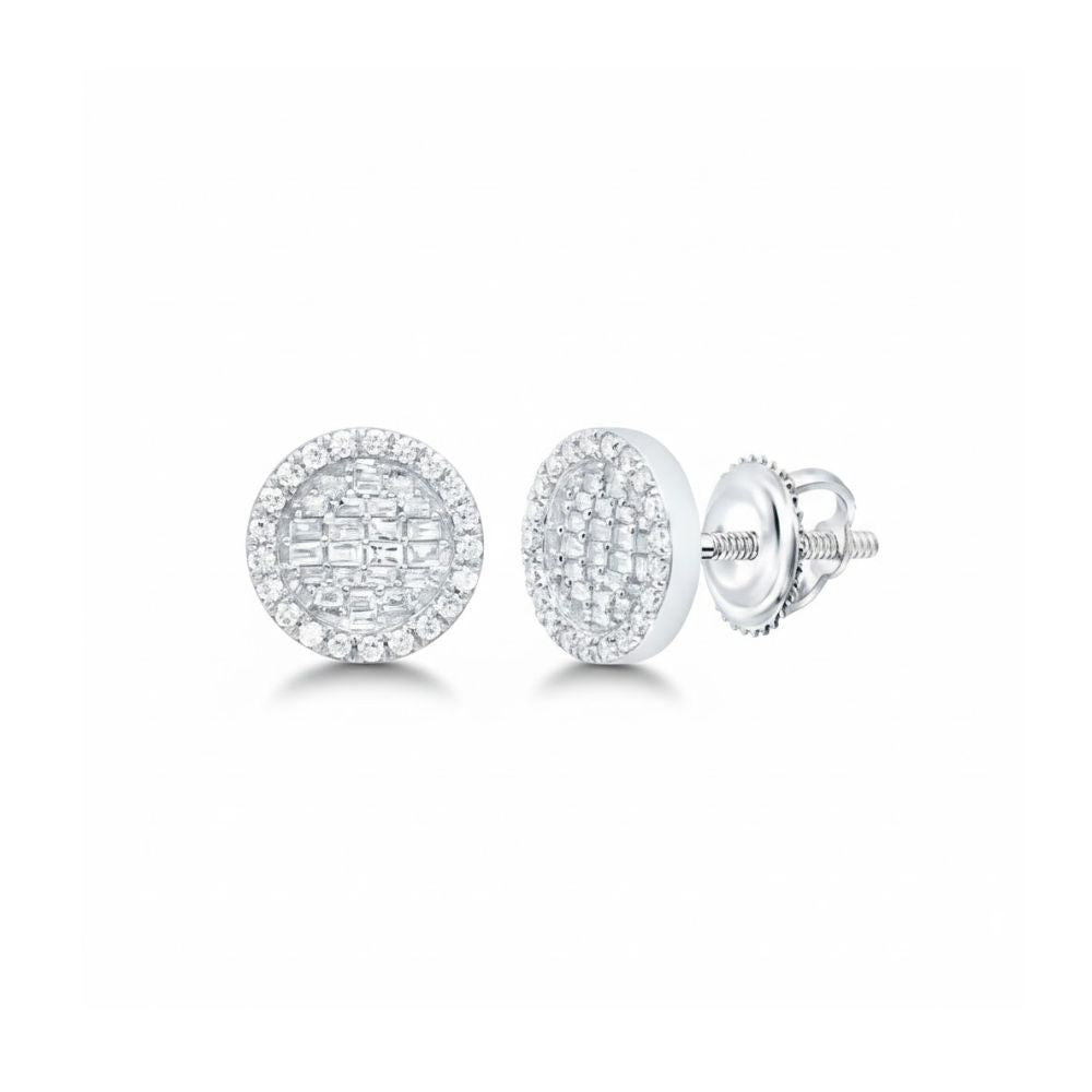 1/2CT Diamond Round Baguette Earrings in 10k gold, featuring sparkling pavé-set diamonds and secure screw-back closures, shown on a white background.